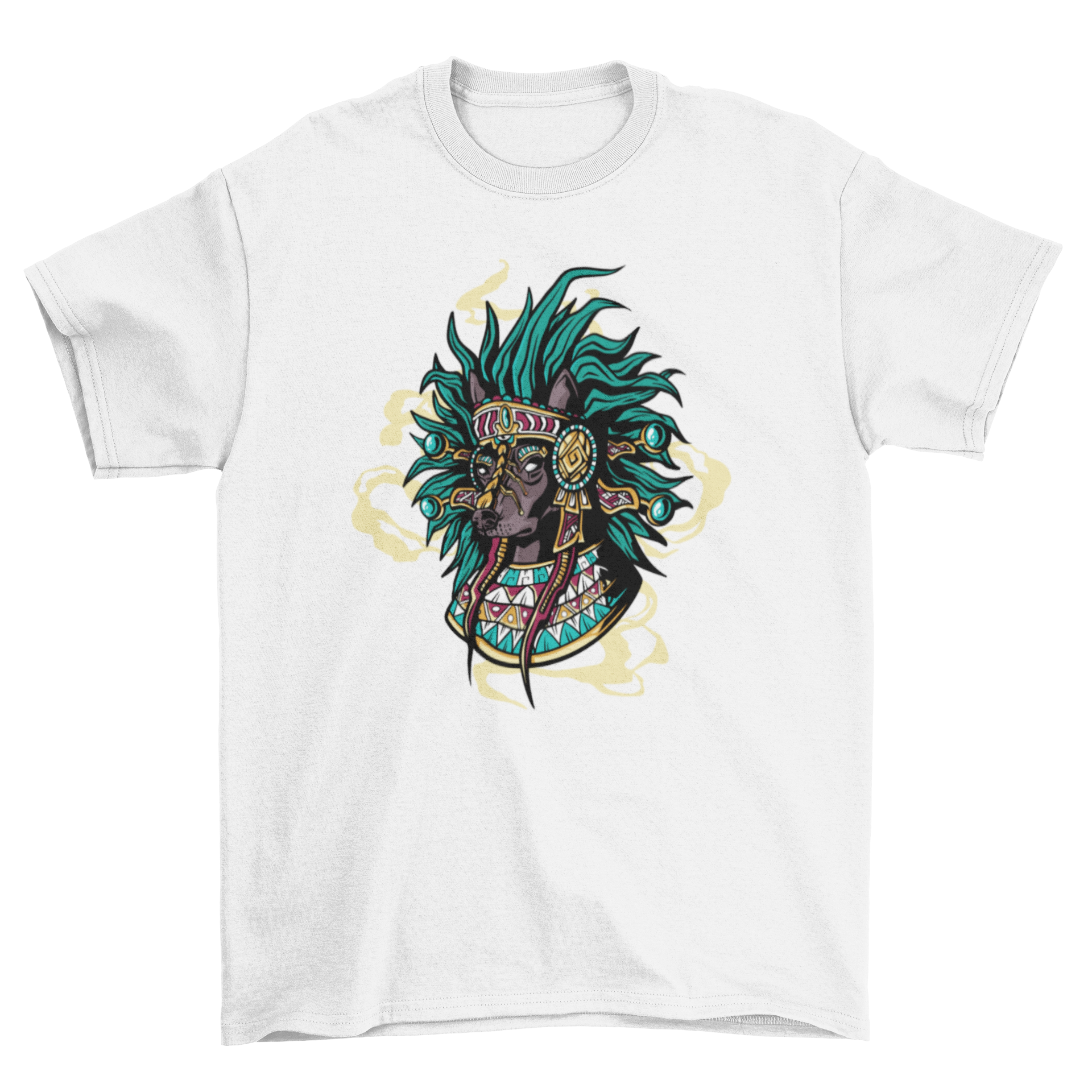 Aztec dog t-shirt featuring deity Xolotl in traditional attire, designed for stylish pets.