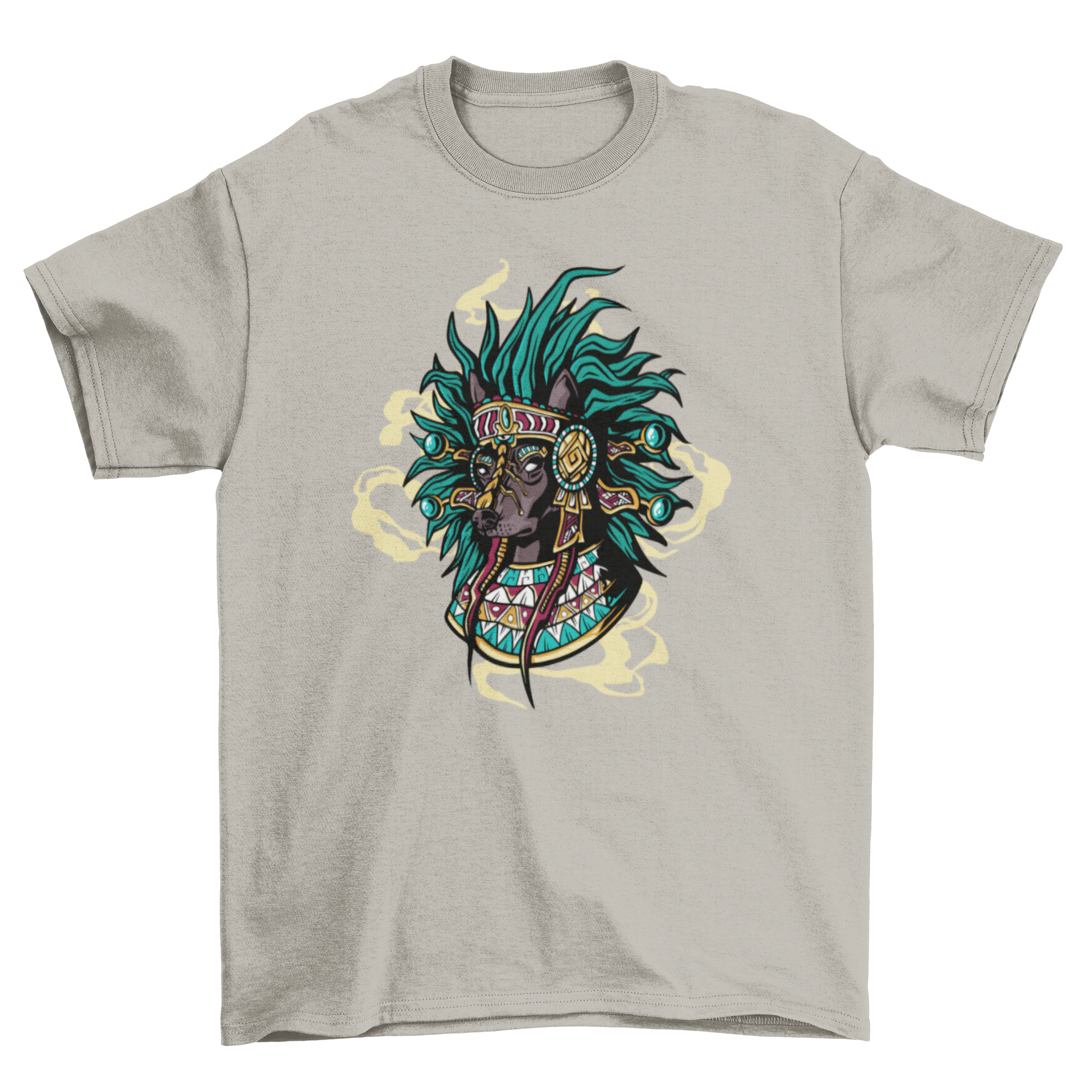 Aztec dog t-shirt featuring deity Xolotl in traditional attire, designed for stylish pets.