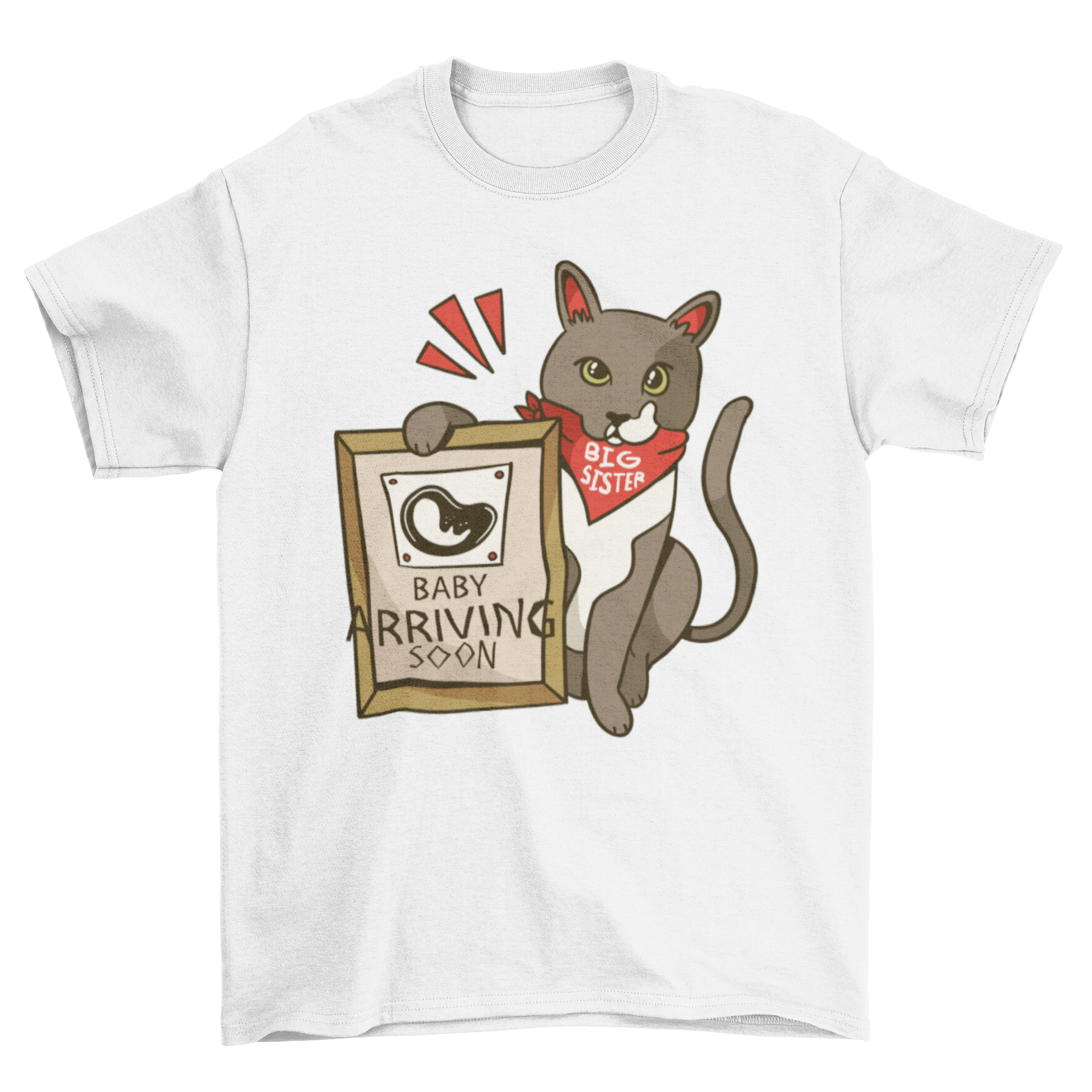 Adorable t-shirt featuring a cat with a bandana saying 'Big Sister' and holding a plaque that reads 'Baby Arriving Soon'.
