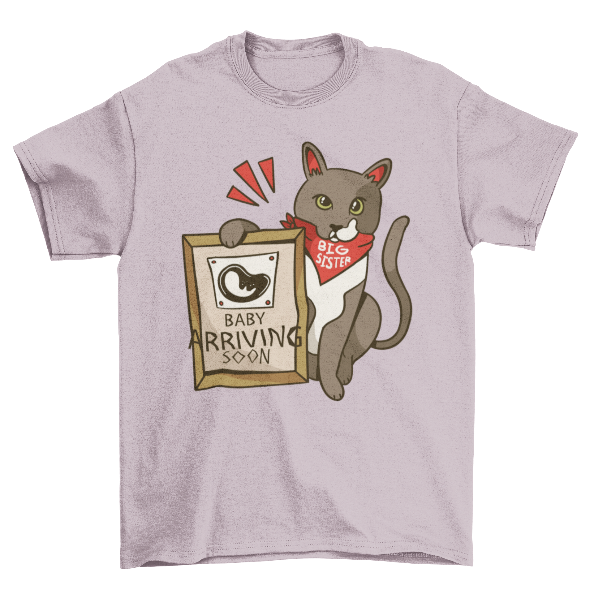 Adorable t-shirt featuring a cat with a bandana saying 'Big Sister' and holding a plaque that reads 'Baby Arriving Soon'.