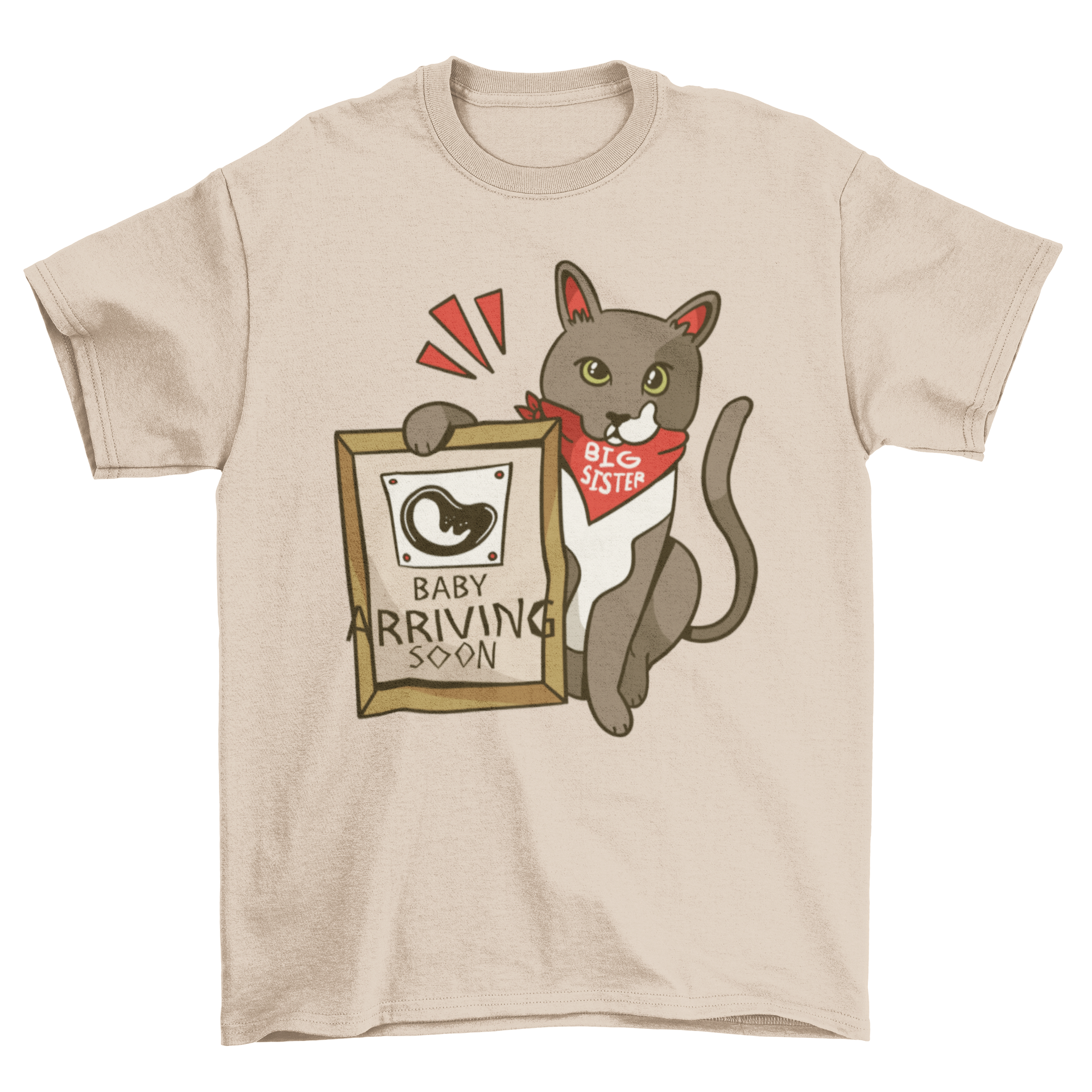 Adorable t-shirt featuring a cat with a bandana saying 'Big Sister' and holding a plaque that reads 'Baby Arriving Soon'.