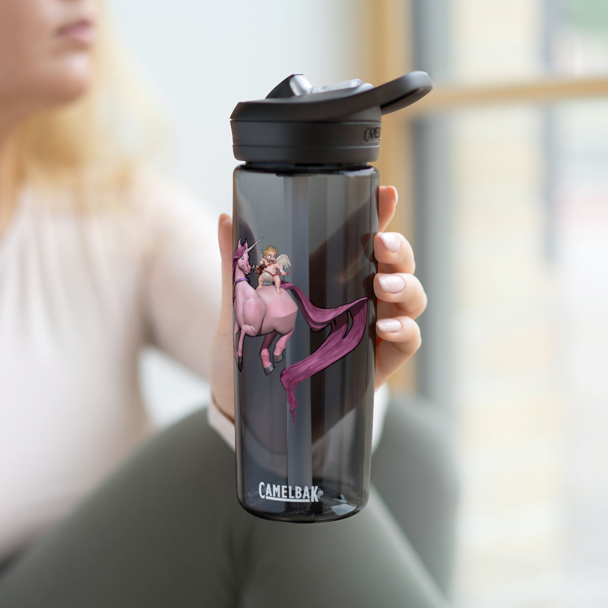 Baby Cupid and Horse CamelBak Eddy® Water Bottle in 20oz and 25oz sizes, featuring a fun design and spill-proof valve.