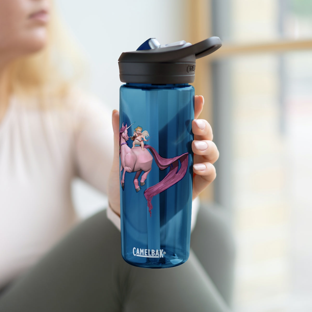 Baby Cupid and Horse CamelBak Eddy® Water Bottle in 20oz and 25oz sizes, featuring a fun design and spill-proof valve.