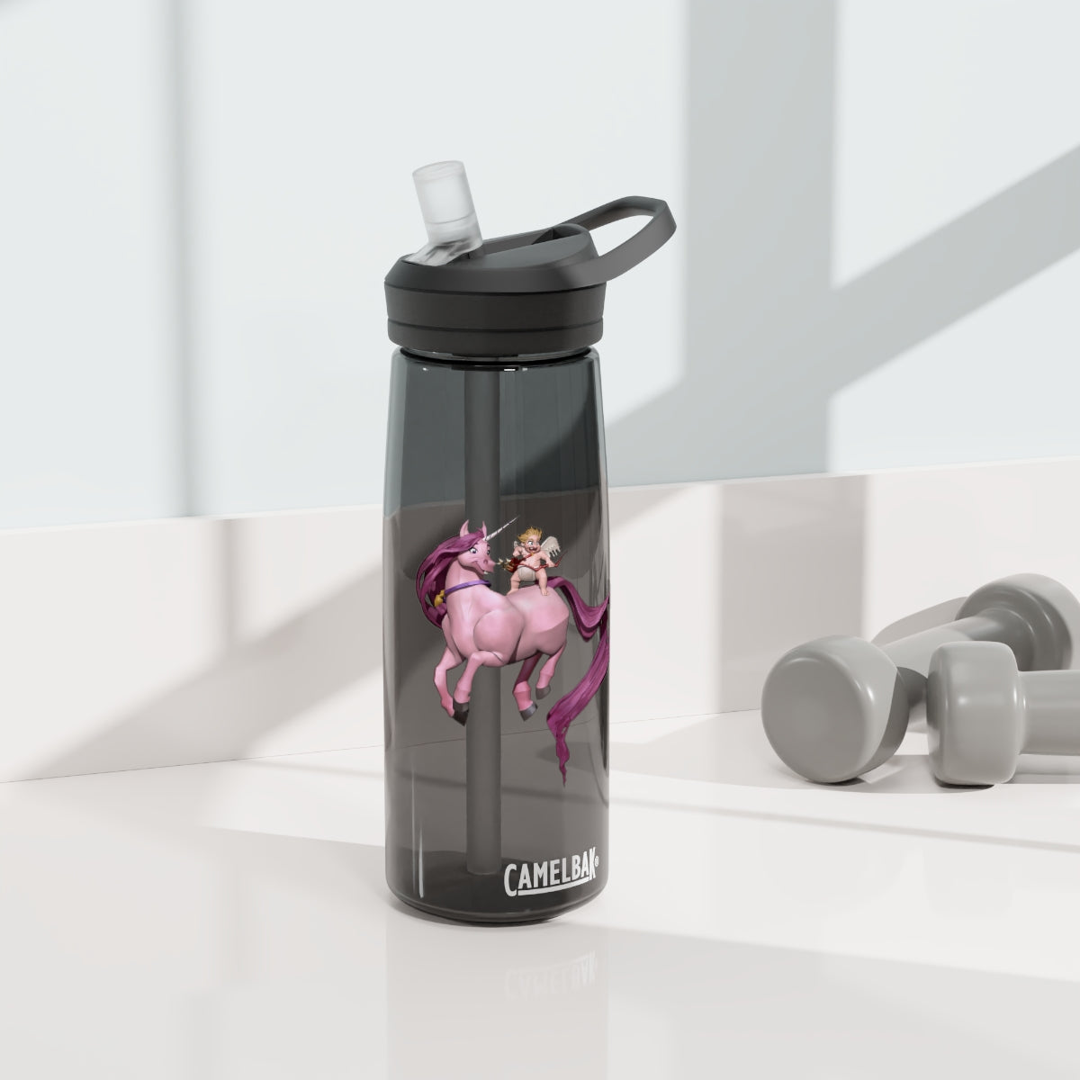 Baby Cupid and Horse CamelBak Eddy® Water Bottle in 20oz and 25oz sizes, featuring a fun design and spill-proof valve.