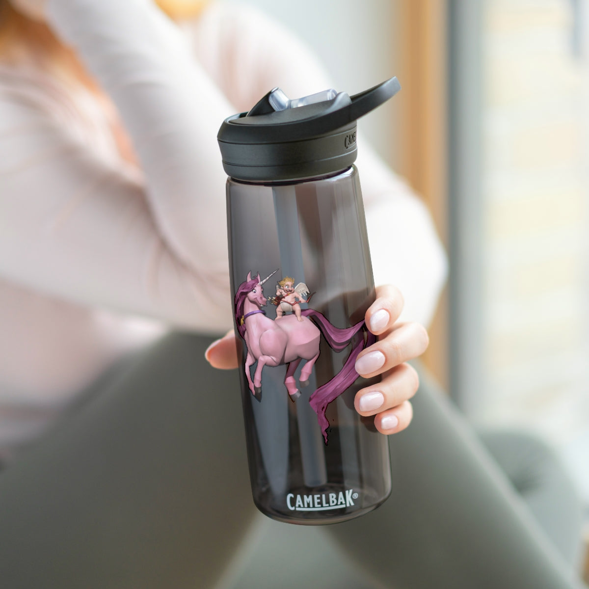 Baby Cupid and Horse CamelBak Eddy® Water Bottle in 20oz and 25oz sizes, featuring a fun design and spill-proof valve.