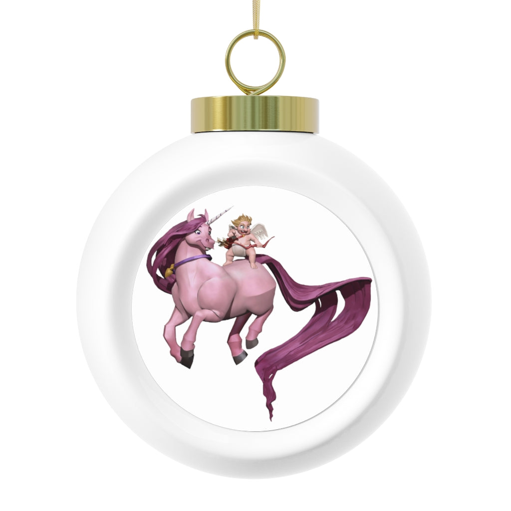 A beautiful 3-inch Baby Cupid and Horse Christmas Ball Ornament with a glossy finish and gold ribbon, featuring vintage style and custom design options.