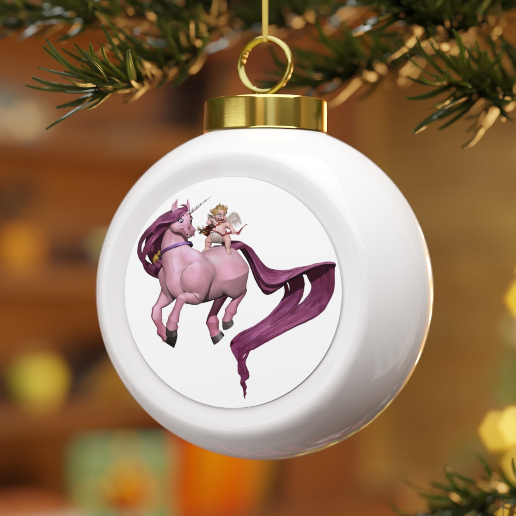 A beautiful 3-inch Baby Cupid and Horse Christmas Ball Ornament with a glossy finish and gold ribbon, featuring vintage style and custom design options.