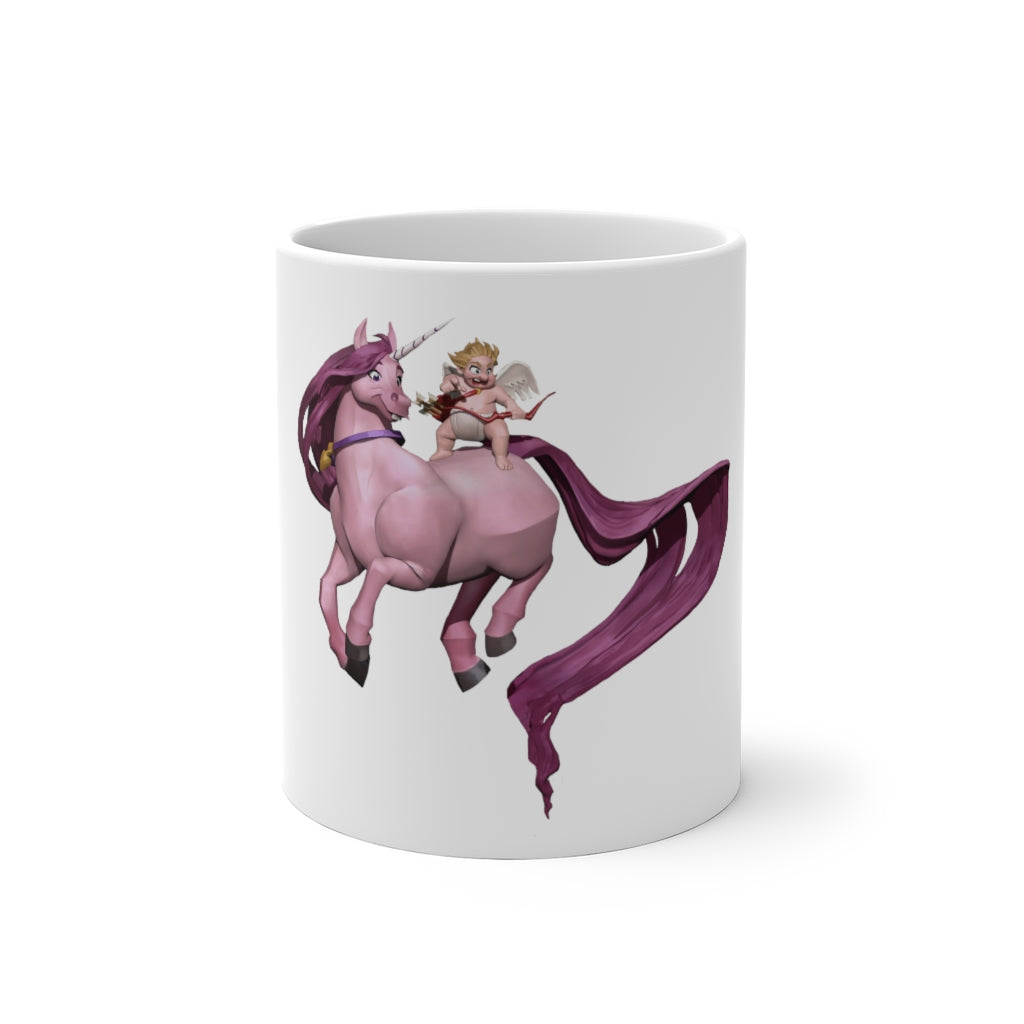 A whimsical Baby Cupid and Horse color changing mug showcasing vibrant colors, perfect for warm beverages.