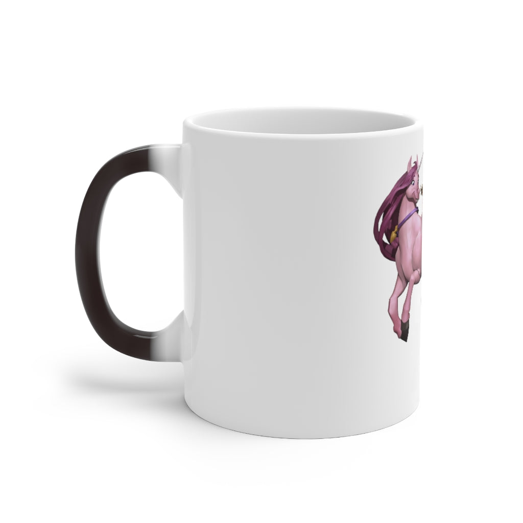A whimsical Baby Cupid and Horse color changing mug showcasing vibrant colors, perfect for warm beverages.