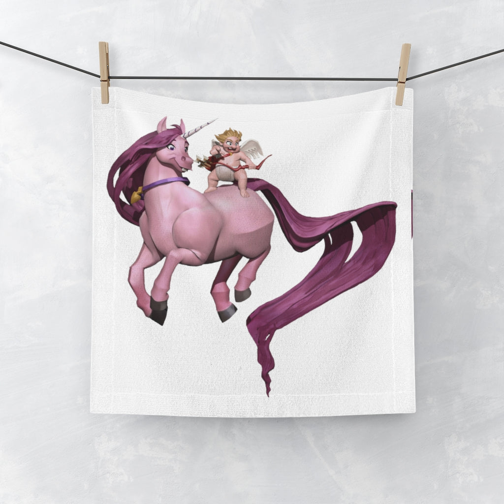 Custom Baby Cupid and Horse Face Towel featuring vibrant prints on a polyester front and soft cotton back, ideal for personal use or gifting.