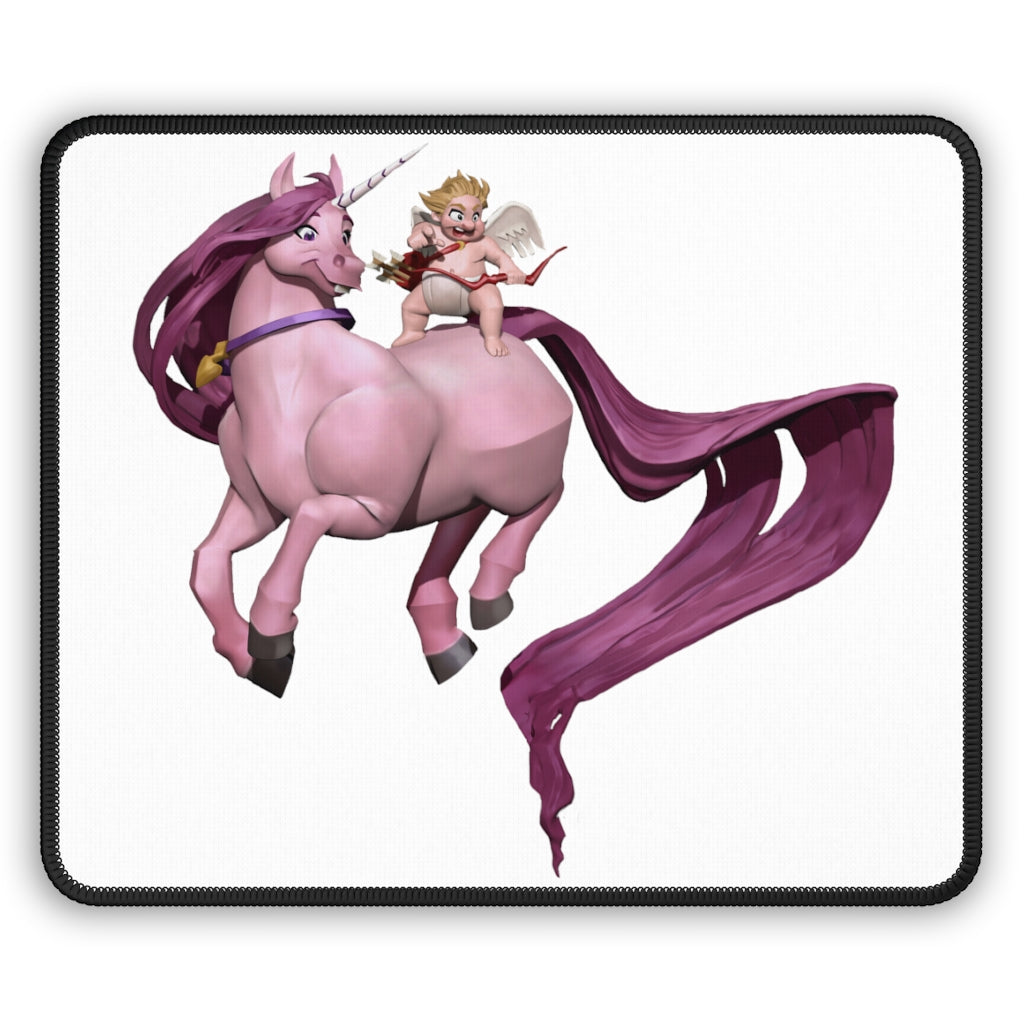 A vibrant Baby Cupid and Horse Gaming Mouse Pad featuring colorful designs and stitched edges, perfect for gaming and office use.