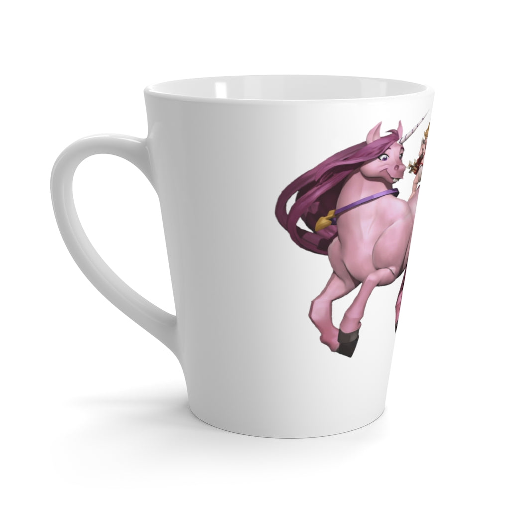 A stylish white ceramic latte mug featuring a Baby Cupid and Horse design, perfect for coffee lovers.