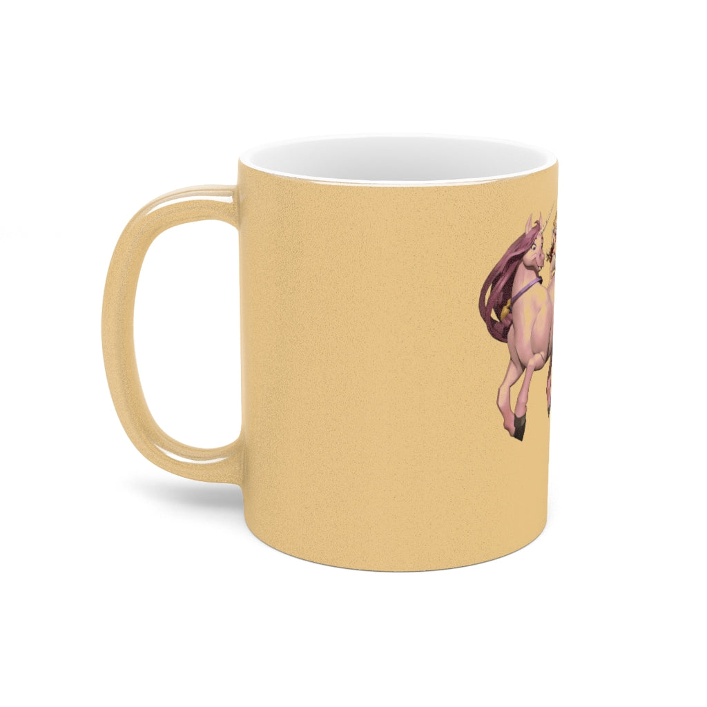 Personalized Baby Cupid and Horse Metallic Mug in Gold and Silver with custom design options.