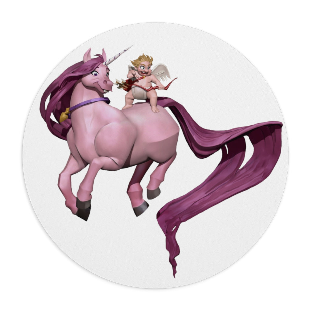 A colorful Baby Cupid and Horse Mouse Pad featuring a vibrant design, available in round and rectangular shapes with a non-slip rubber bottom.