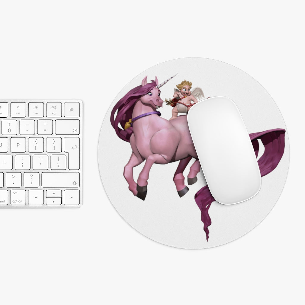 A colorful Baby Cupid and Horse Mouse Pad featuring a vibrant design, available in round and rectangular shapes with a non-slip rubber bottom.