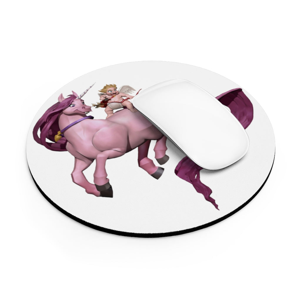 A colorful Baby Cupid and Horse Mouse Pad featuring a vibrant design, available in round and rectangular shapes with a non-slip rubber bottom.