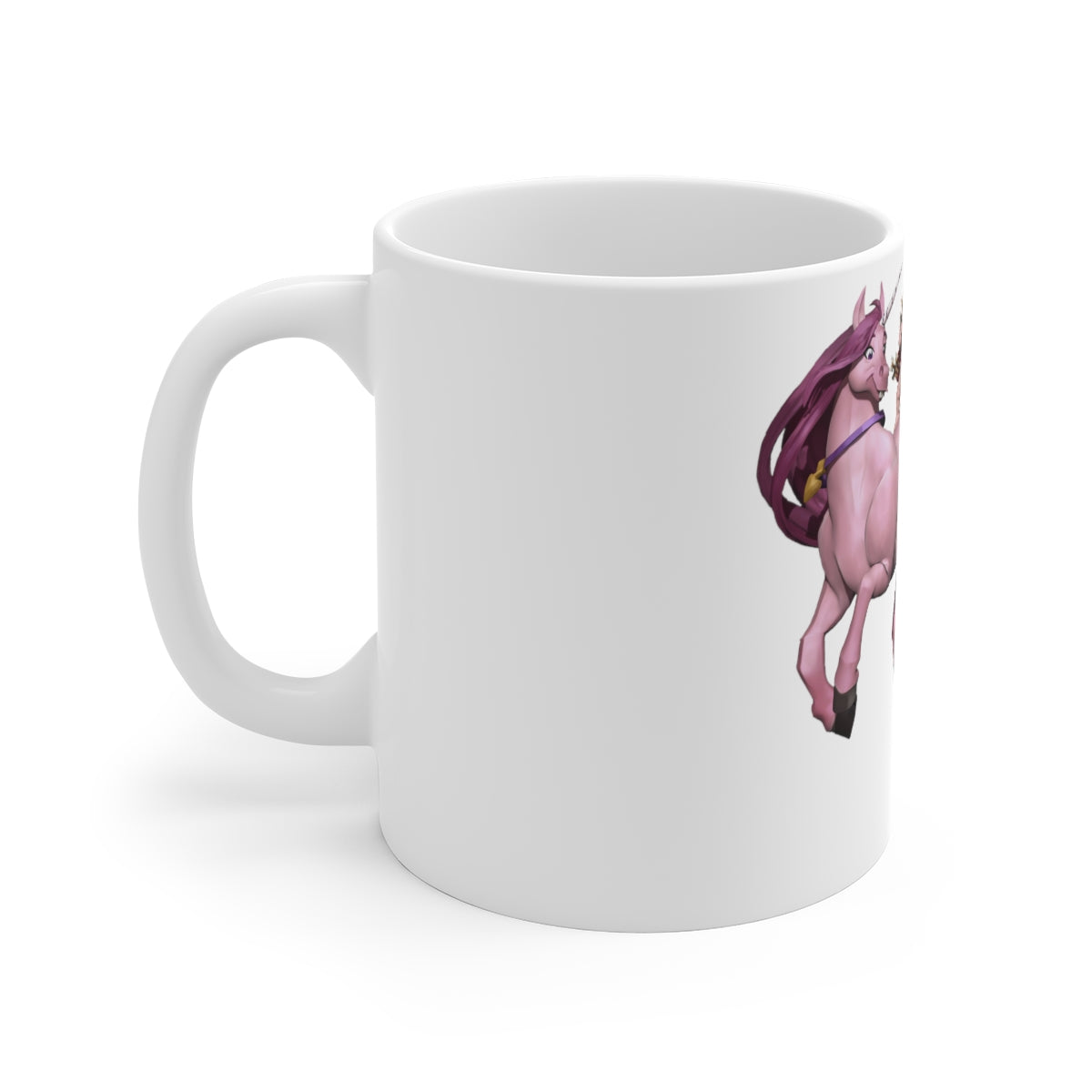 A charming 11oz mug featuring Baby Cupid and a horse design, showcasing its scratch-resistant finish and easy-grip handle.