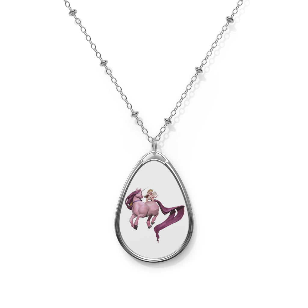 Baby Cupid and Horse Oval Necklace featuring a unique ellipse-shaped brass pendant and chain with a white print base.