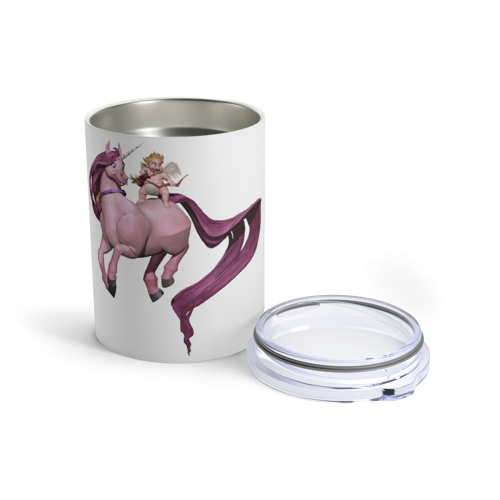 A stylish Baby Cupid and Horse Tumbler made of stainless steel, featuring a see-thru plastic lid and a charming design.