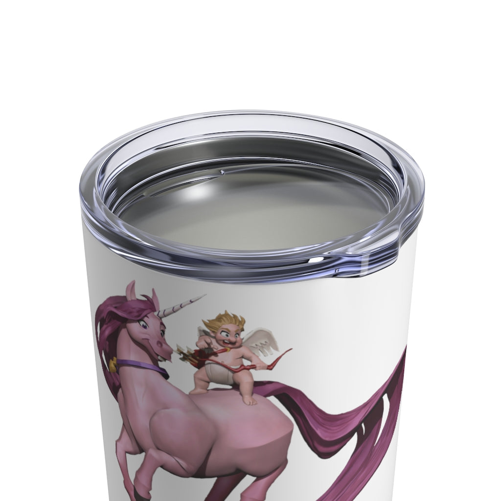 A stylish Baby Cupid and Horse Tumbler made of stainless steel, featuring a see-thru plastic lid and a charming design.