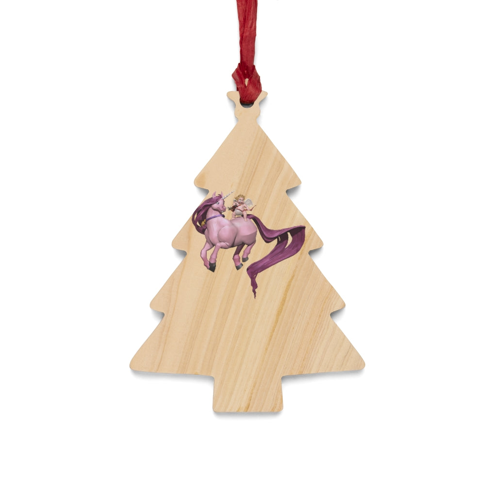 Baby Cupid and Horse Wooden Christmas Ornaments with red ribbon, showcasing whimsical shapes and a rustic wooden finish.