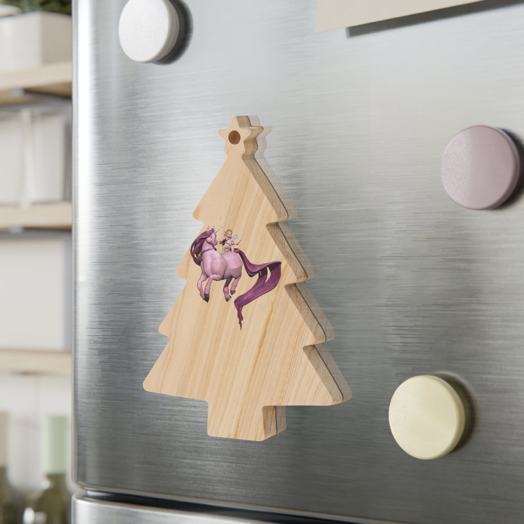 Baby Cupid and Horse Wooden Christmas Ornaments with red ribbon, showcasing whimsical shapes and a rustic wooden finish.