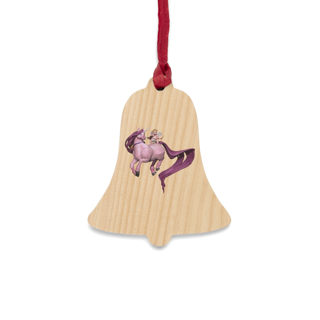 Baby Cupid and Horse Wooden Christmas Ornaments with red ribbon, showcasing whimsical shapes and a rustic wooden finish.