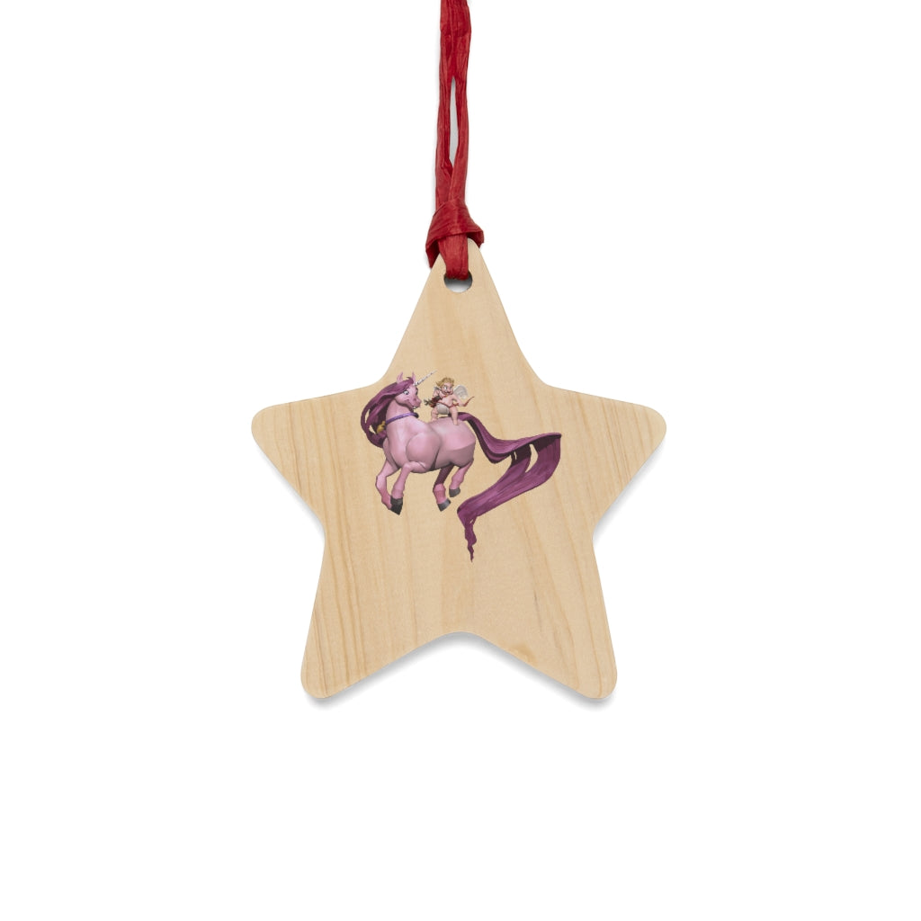 Baby Cupid and Horse Wooden Christmas Ornaments with red ribbon, showcasing whimsical shapes and a rustic wooden finish.