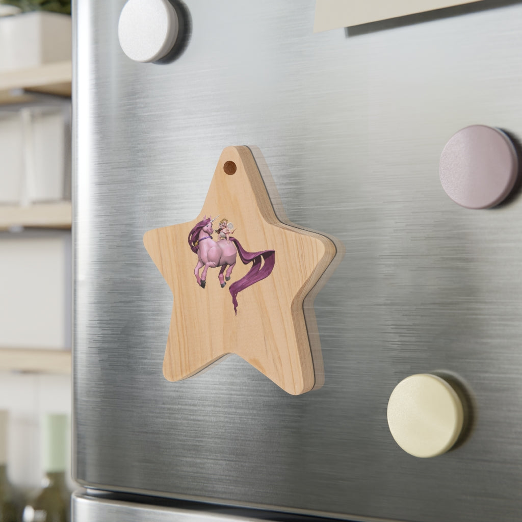 Baby Cupid and Horse Wooden Christmas Ornaments with red ribbon, showcasing whimsical shapes and a rustic wooden finish.