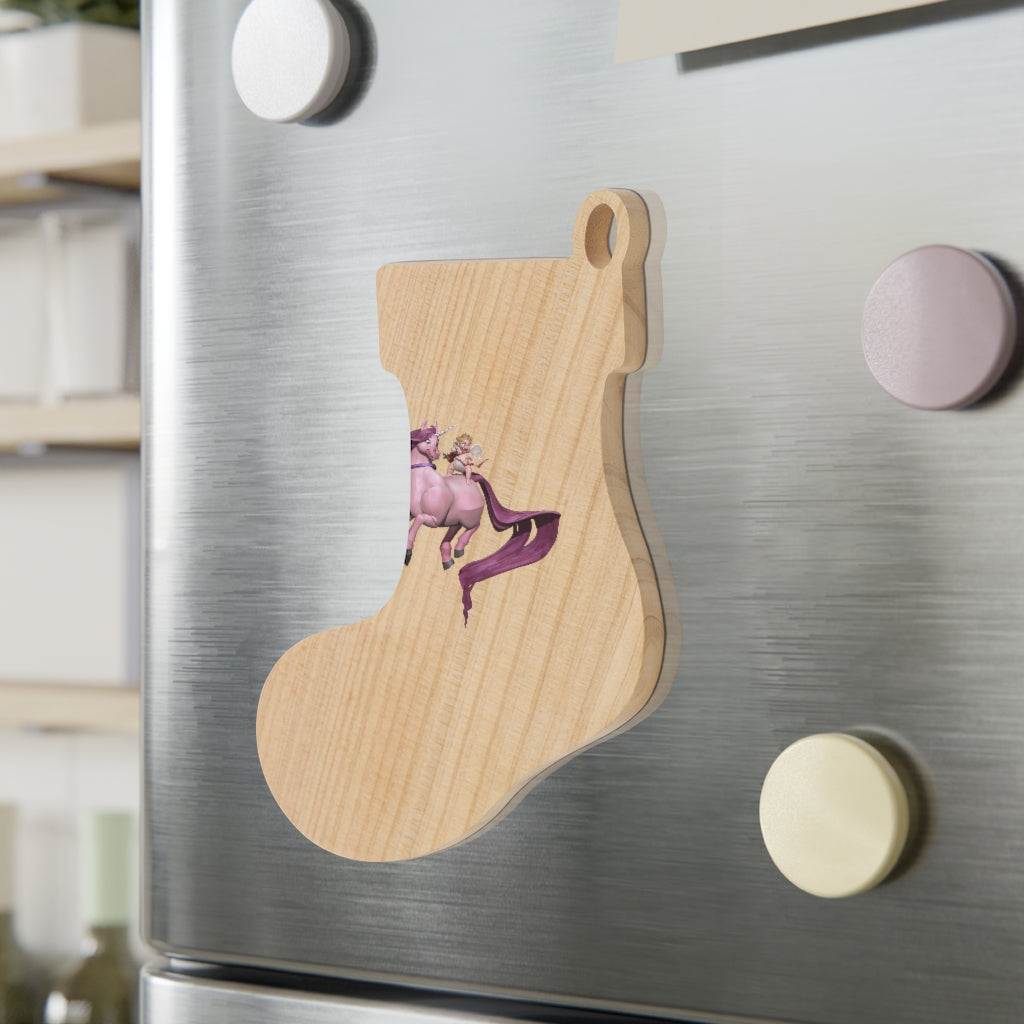 Baby Cupid and Horse Wooden Christmas Ornaments with red ribbon, showcasing whimsical shapes and a rustic wooden finish.