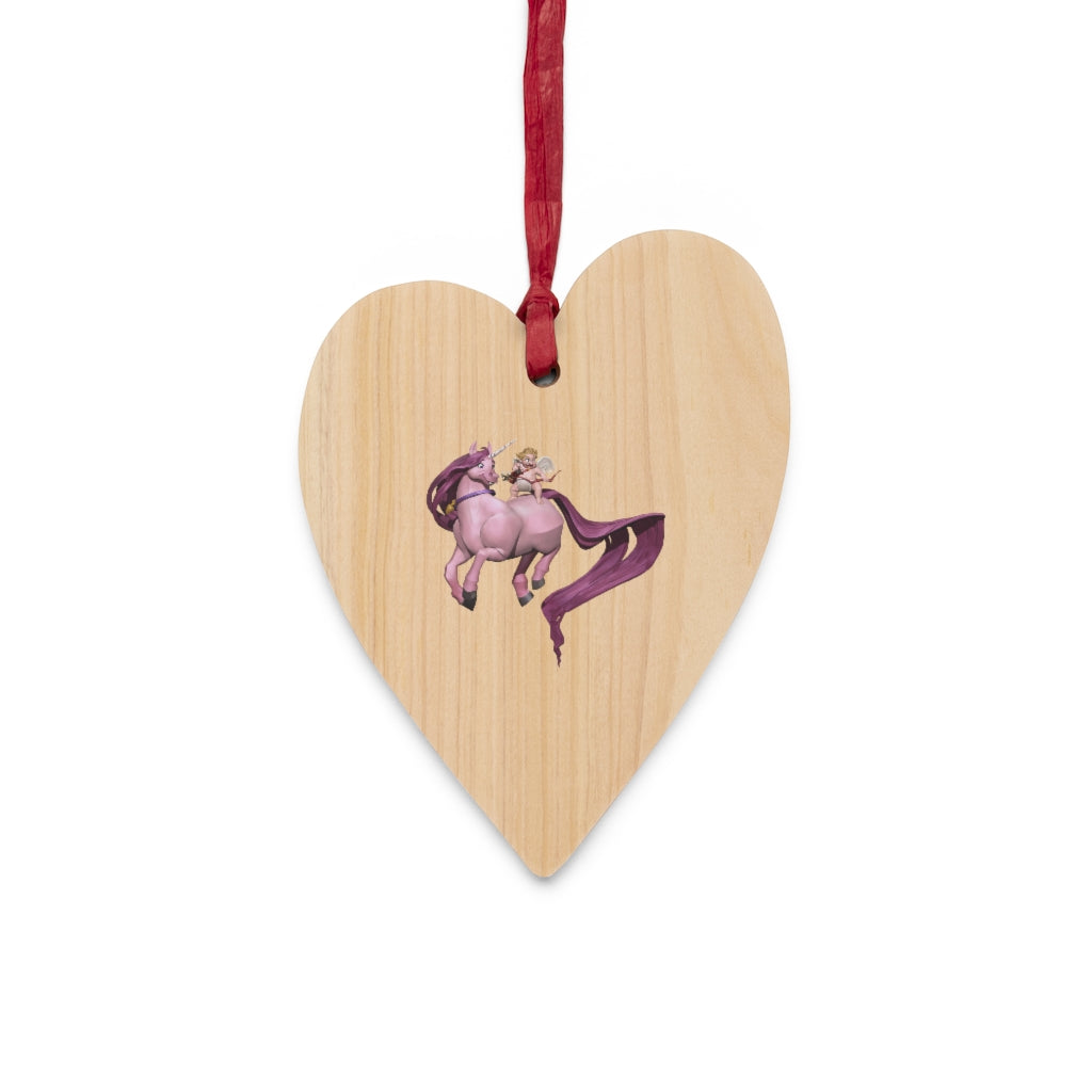 Baby Cupid and Horse Wooden Christmas Ornaments with red ribbon, showcasing whimsical shapes and a rustic wooden finish.