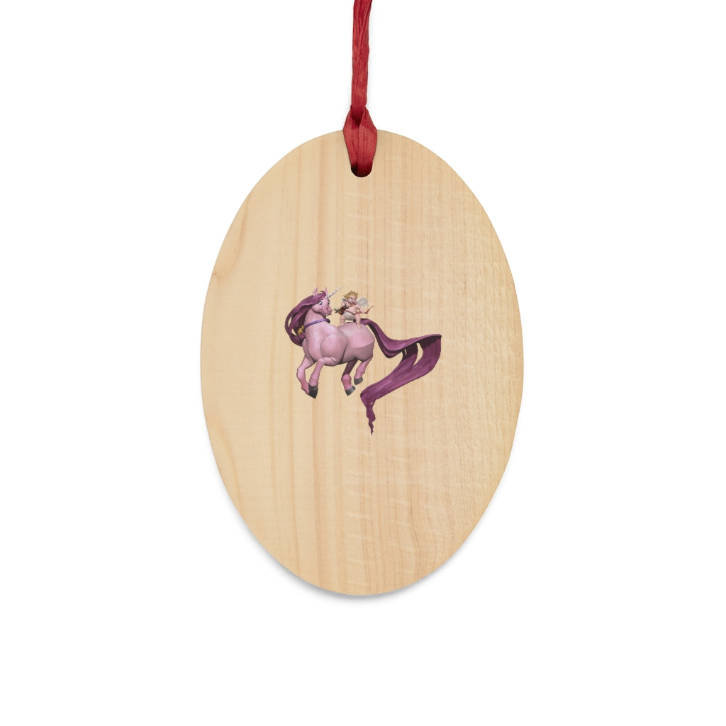 Baby Cupid and Horse Wooden Christmas Ornaments with red ribbon, showcasing whimsical shapes and a rustic wooden finish.