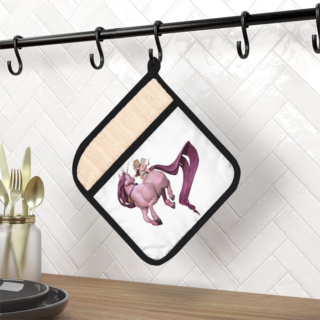 A colorful Baby Cupid and Unicorn pot holder with a pocket, featuring a whimsical design and a black cotton hanging loop.