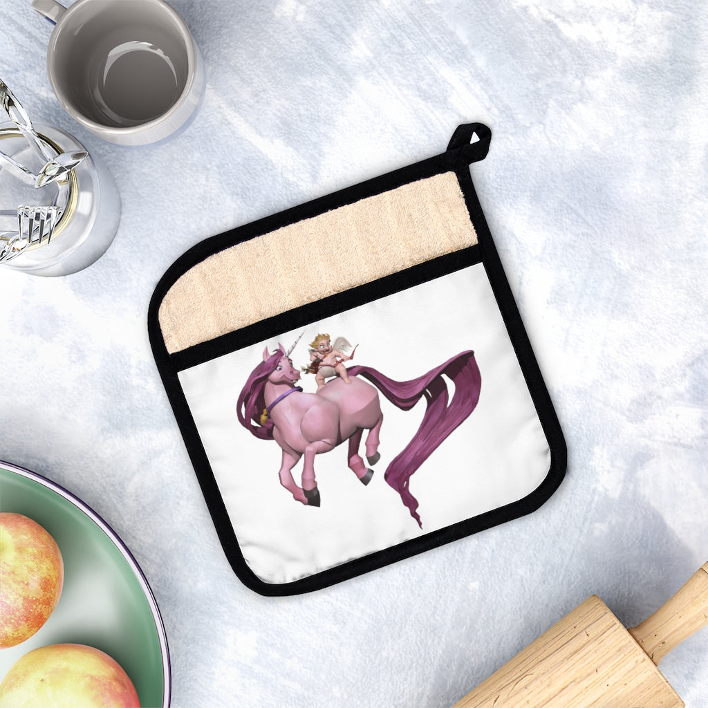 A colorful Baby Cupid and Unicorn pot holder with a pocket, featuring a whimsical design and a black cotton hanging loop.
