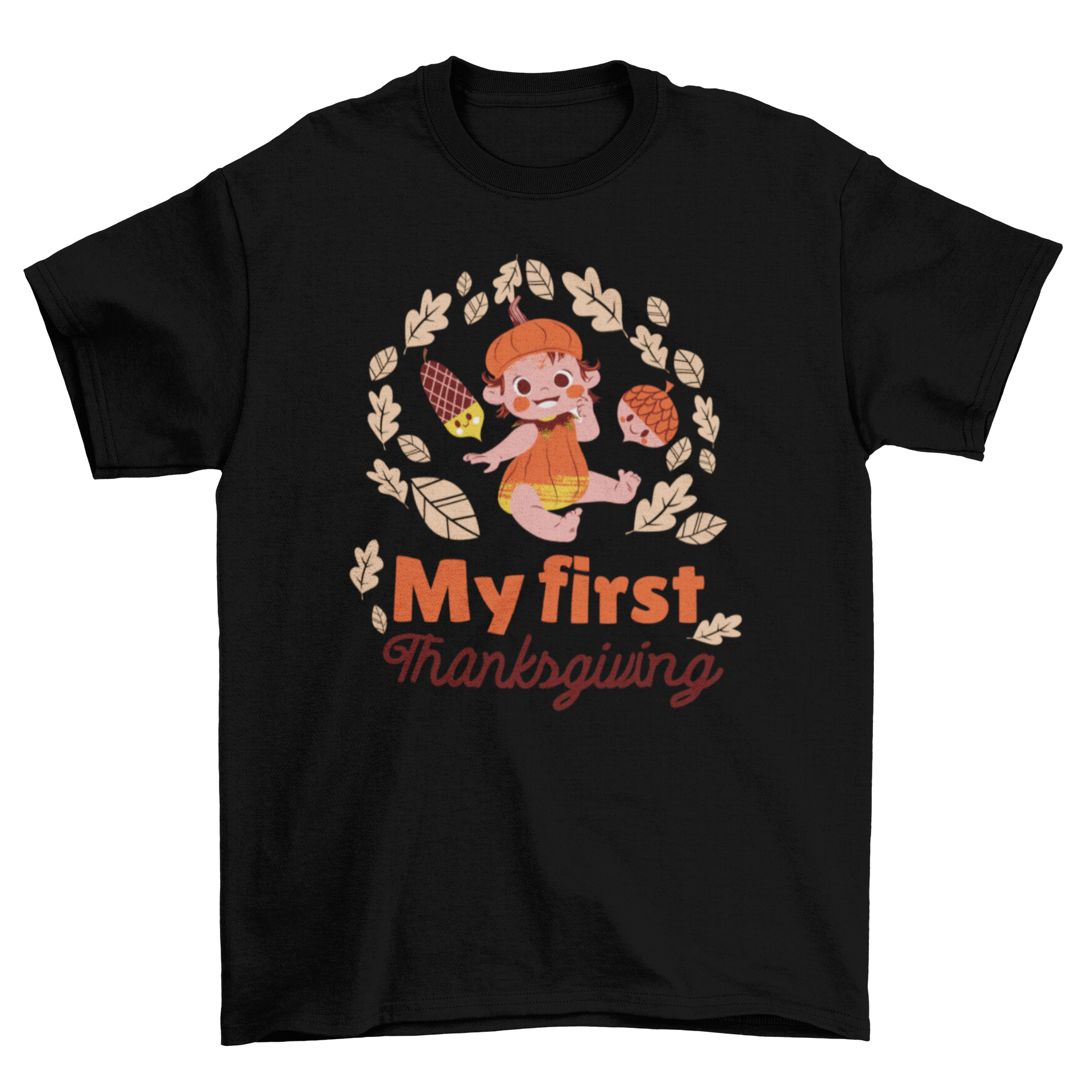 Adorable baby t-shirt featuring a pumpkin design and the quote 'My First Thanksgiving'.
