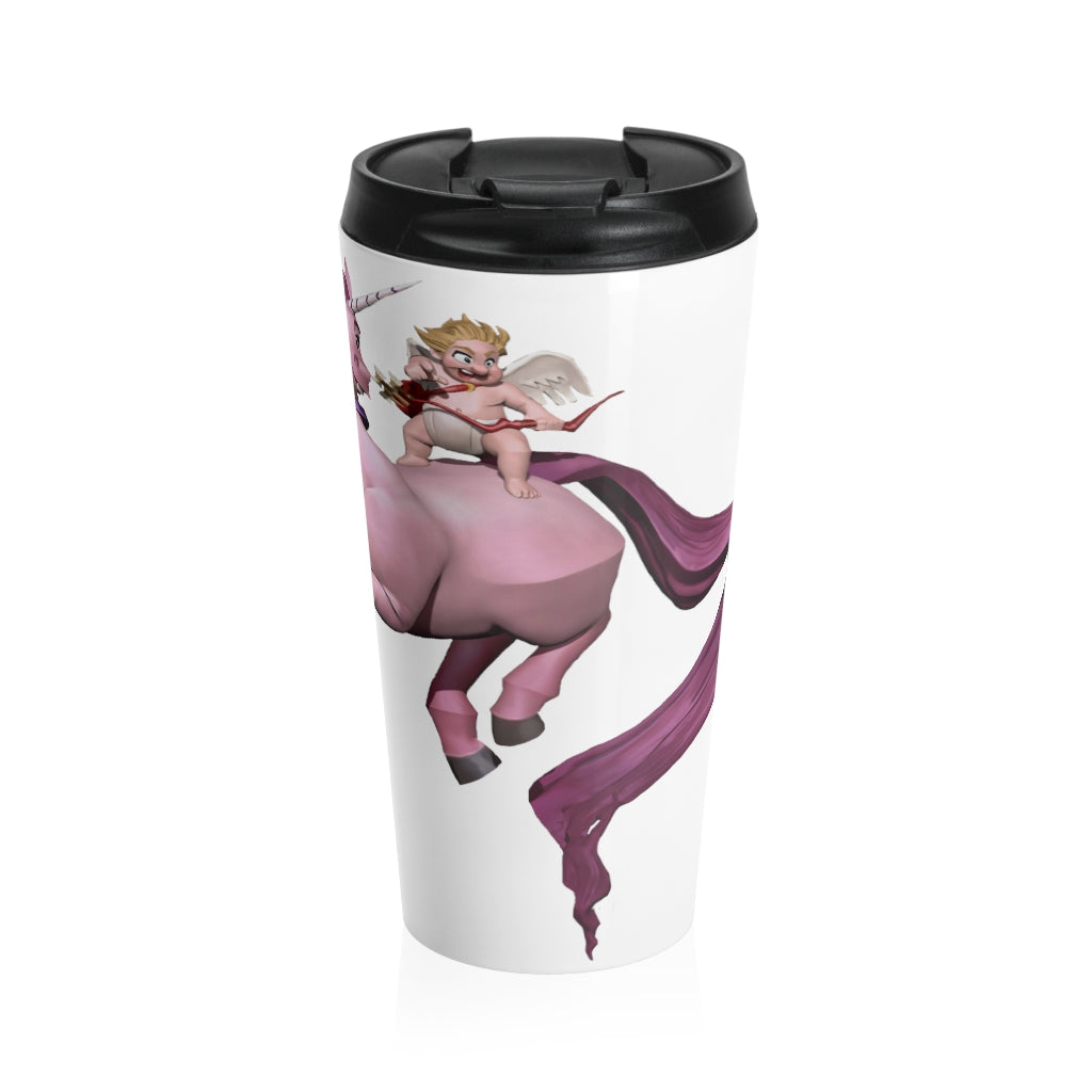 Baby Horse and Cupid Stainless Steel Travel Mug with black lid, showcasing a vibrant design.