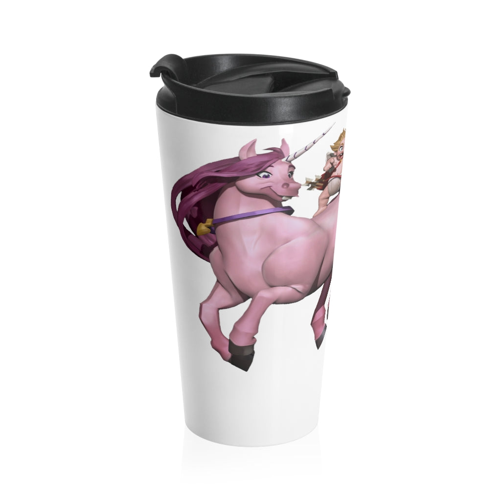 Baby Horse and Cupid Stainless Steel Travel Mug with black lid, showcasing a vibrant design.