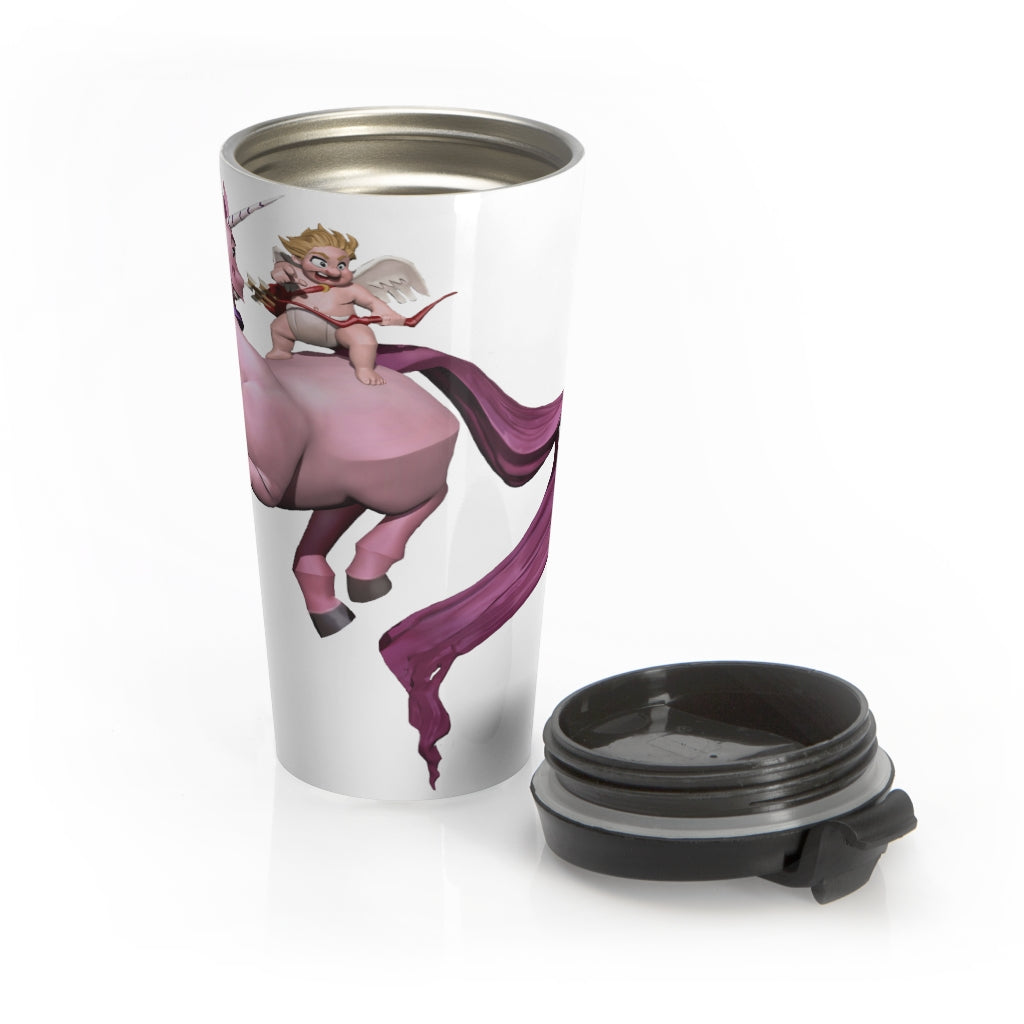 Baby Horse and Cupid Stainless Steel Travel Mug with black lid, showcasing a vibrant design.