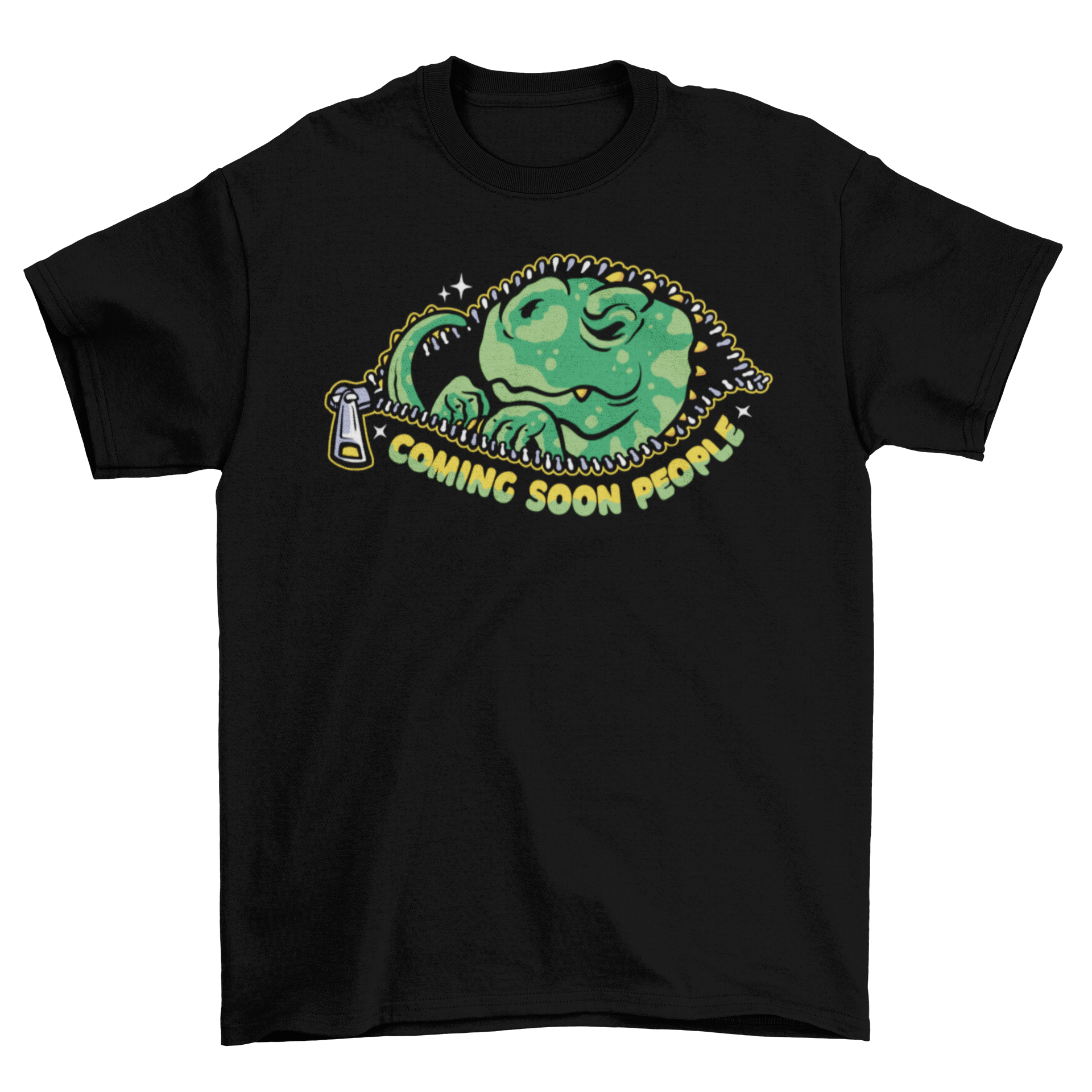 Cute baby T-Rex cartoon t-shirt design with an open zipper and the quote 'Coming soon people'.