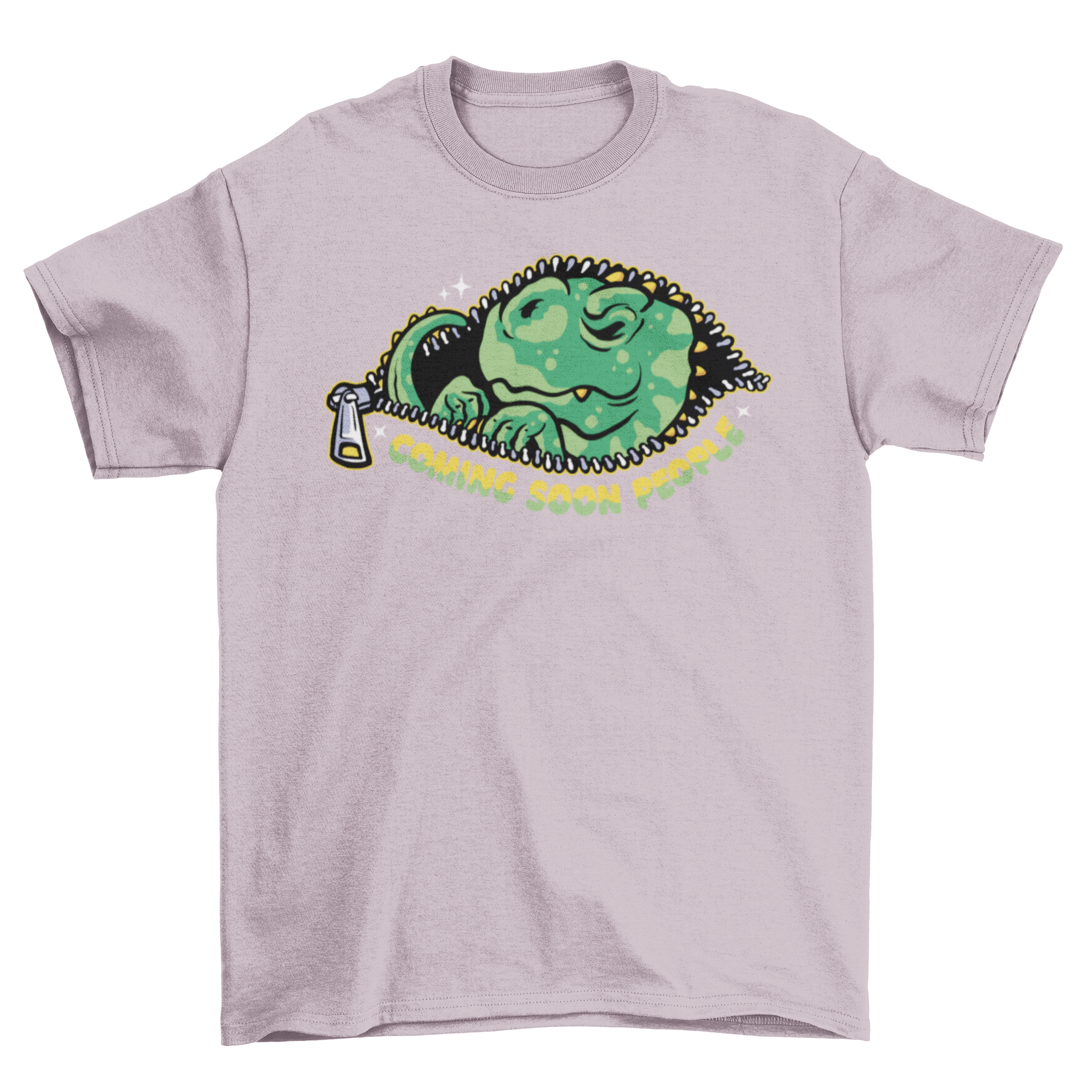Cute baby T-Rex cartoon t-shirt design with an open zipper and the quote 'Coming soon people'.