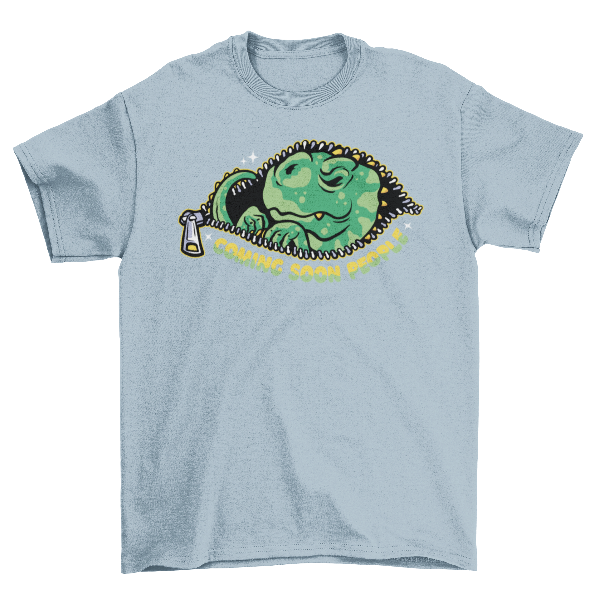 Cute baby T-Rex cartoon t-shirt design with an open zipper and the quote 'Coming soon people'.