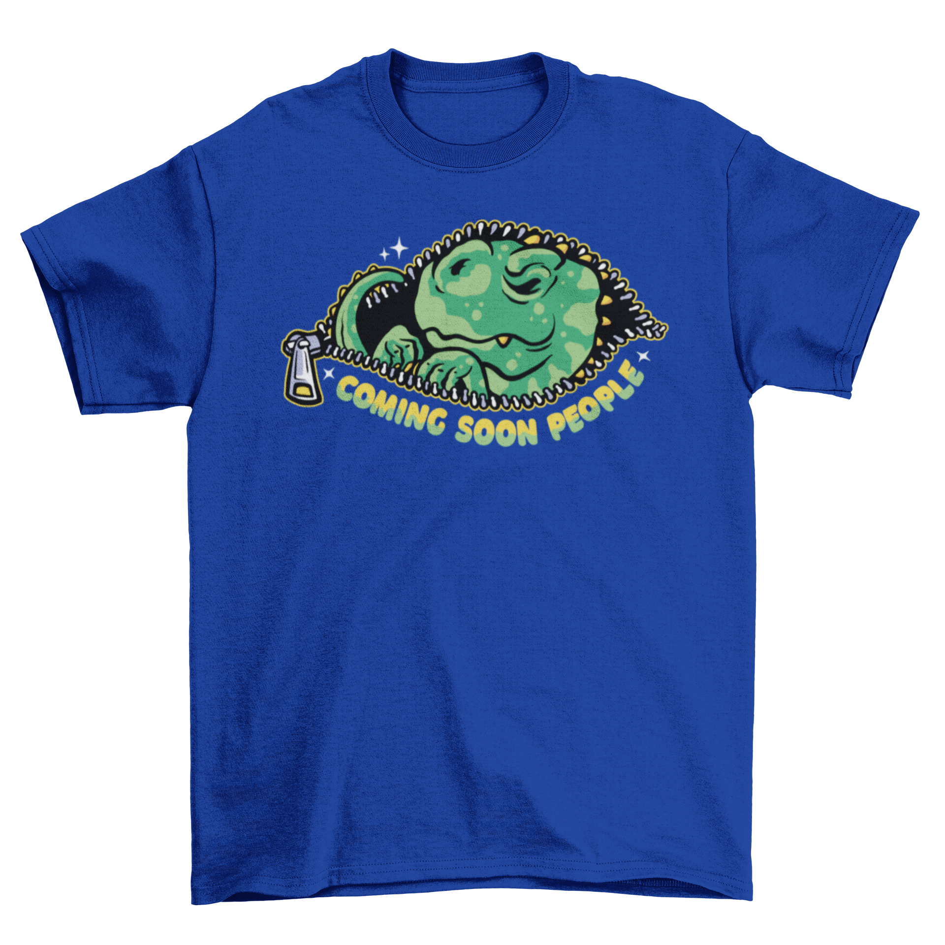 Cute baby T-Rex cartoon t-shirt design with an open zipper and the quote 'Coming soon people'.