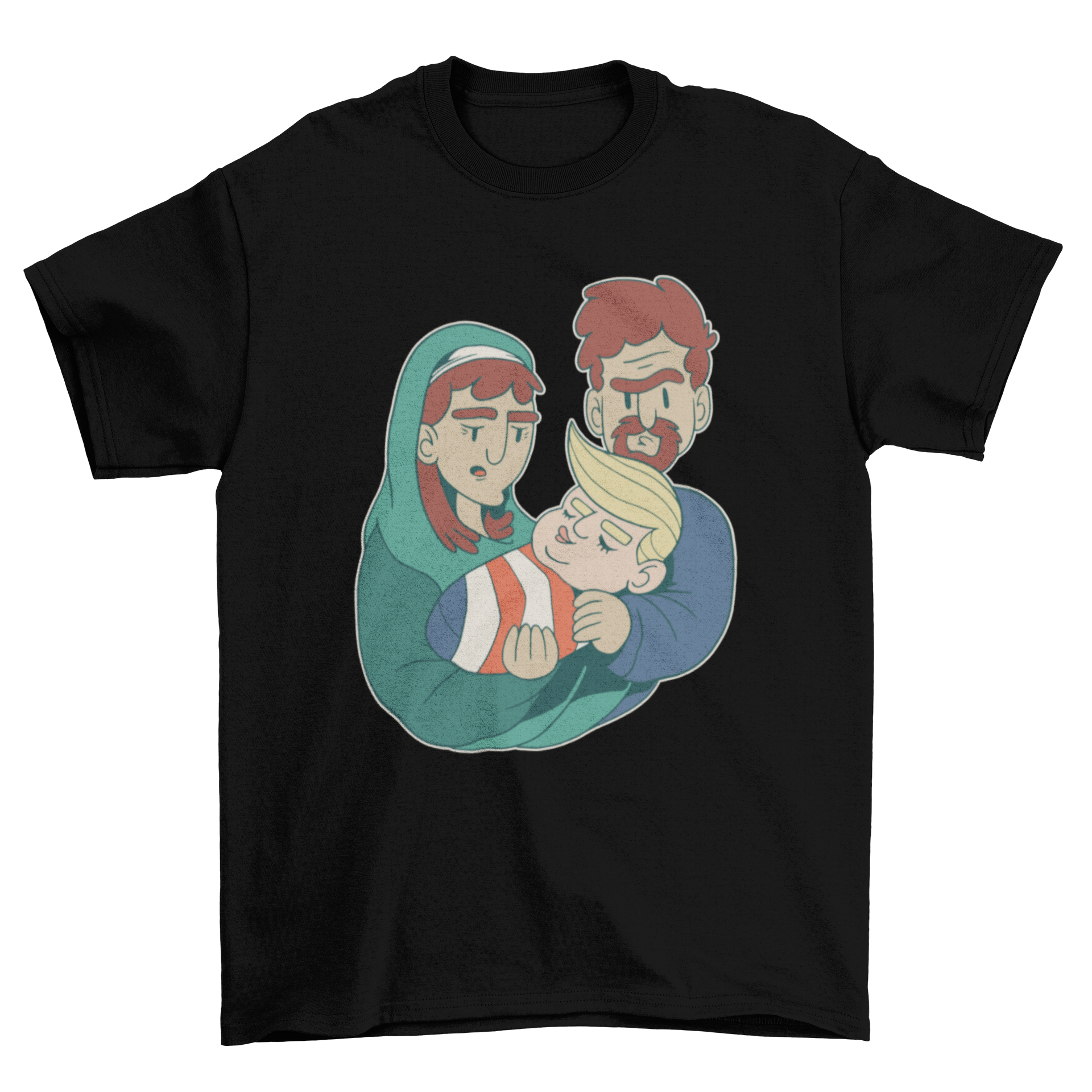A playful Baby Trump cartoon T-shirt design featuring Baby Trump being held by a couple, showcasing humor and political satire.