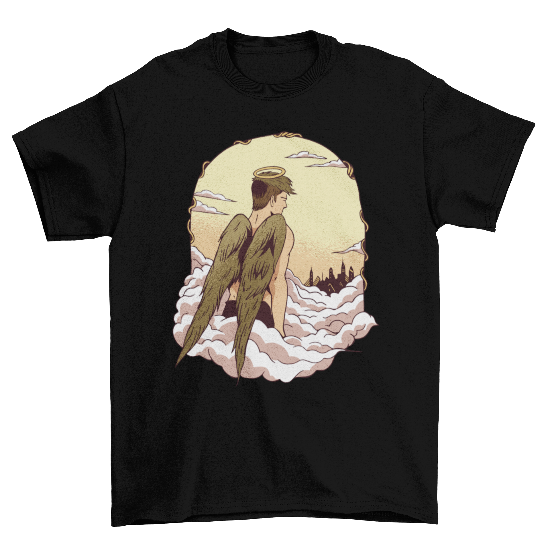Aesthetic t-shirt featuring an angel above fluffy clouds in a heavenly setting, showcasing a serene and artistic design.