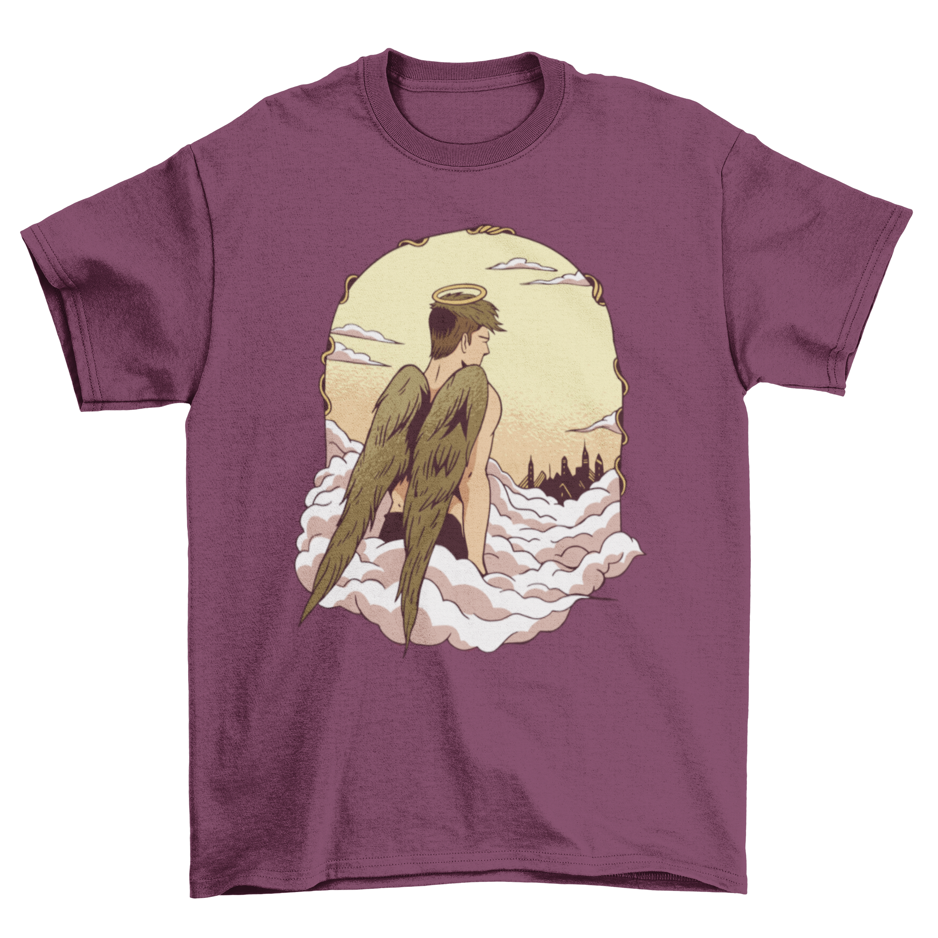 Aesthetic t-shirt featuring an angel above fluffy clouds in a heavenly setting, showcasing a serene and artistic design.