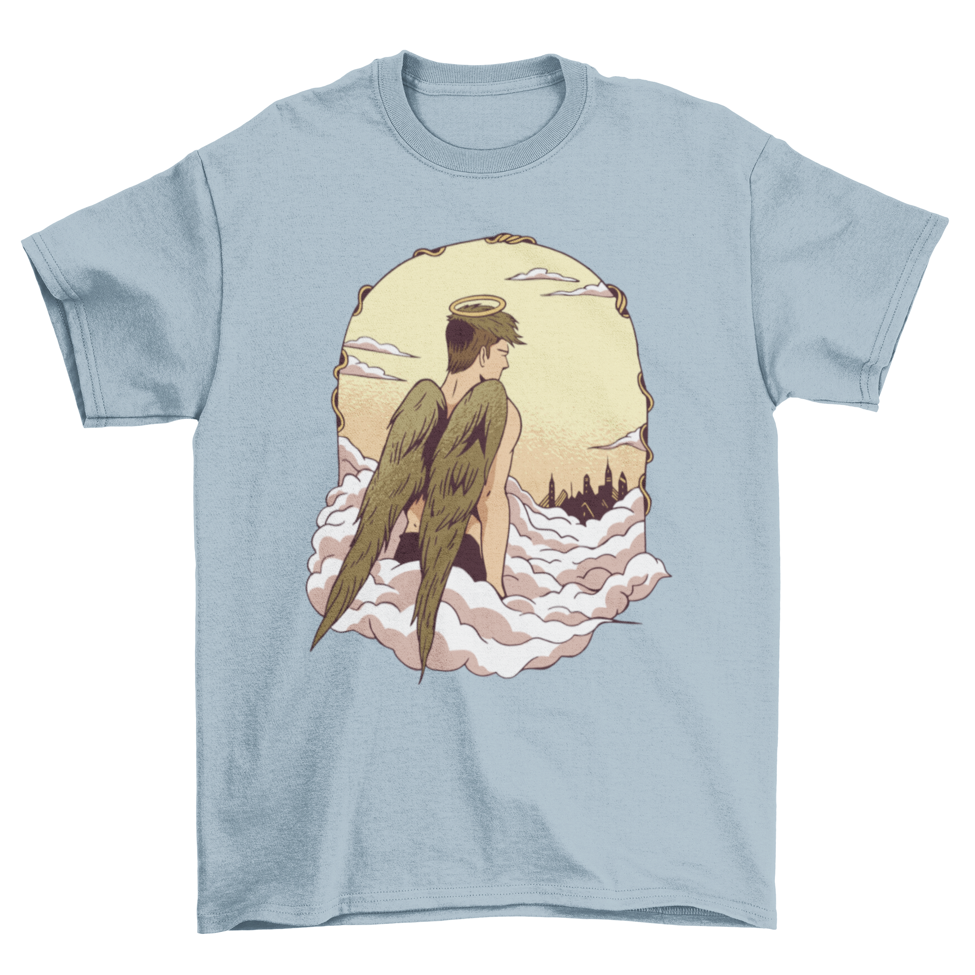 Aesthetic t-shirt featuring an angel above fluffy clouds in a heavenly setting, showcasing a serene and artistic design.
