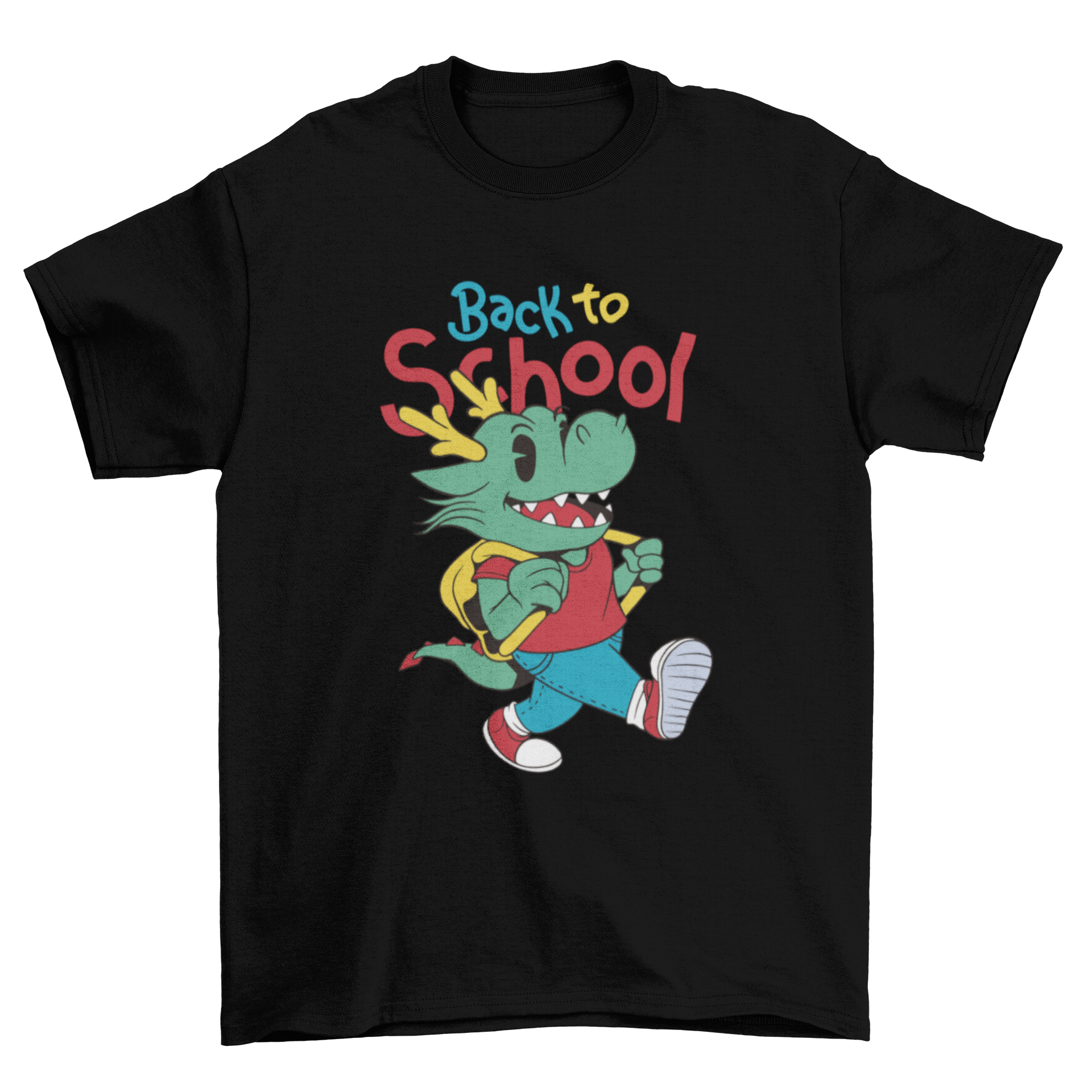 A cute cartoon dragon child t-shirt with the quote 'Back to school', featuring vibrant colors and a playful design.