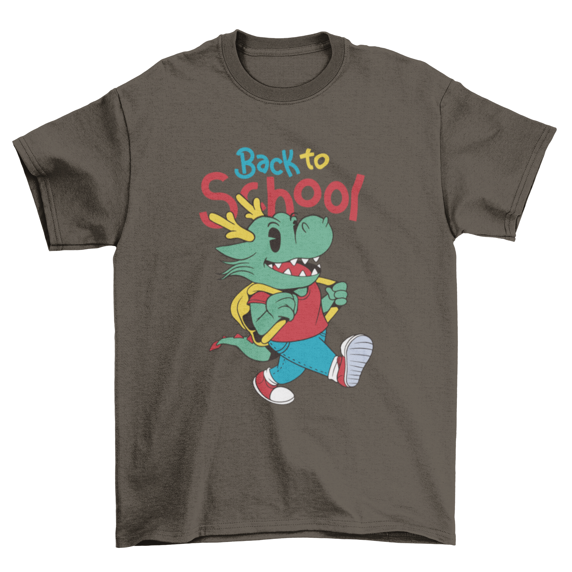 A cute cartoon dragon child t-shirt with the quote 'Back to school', featuring vibrant colors and a playful design.