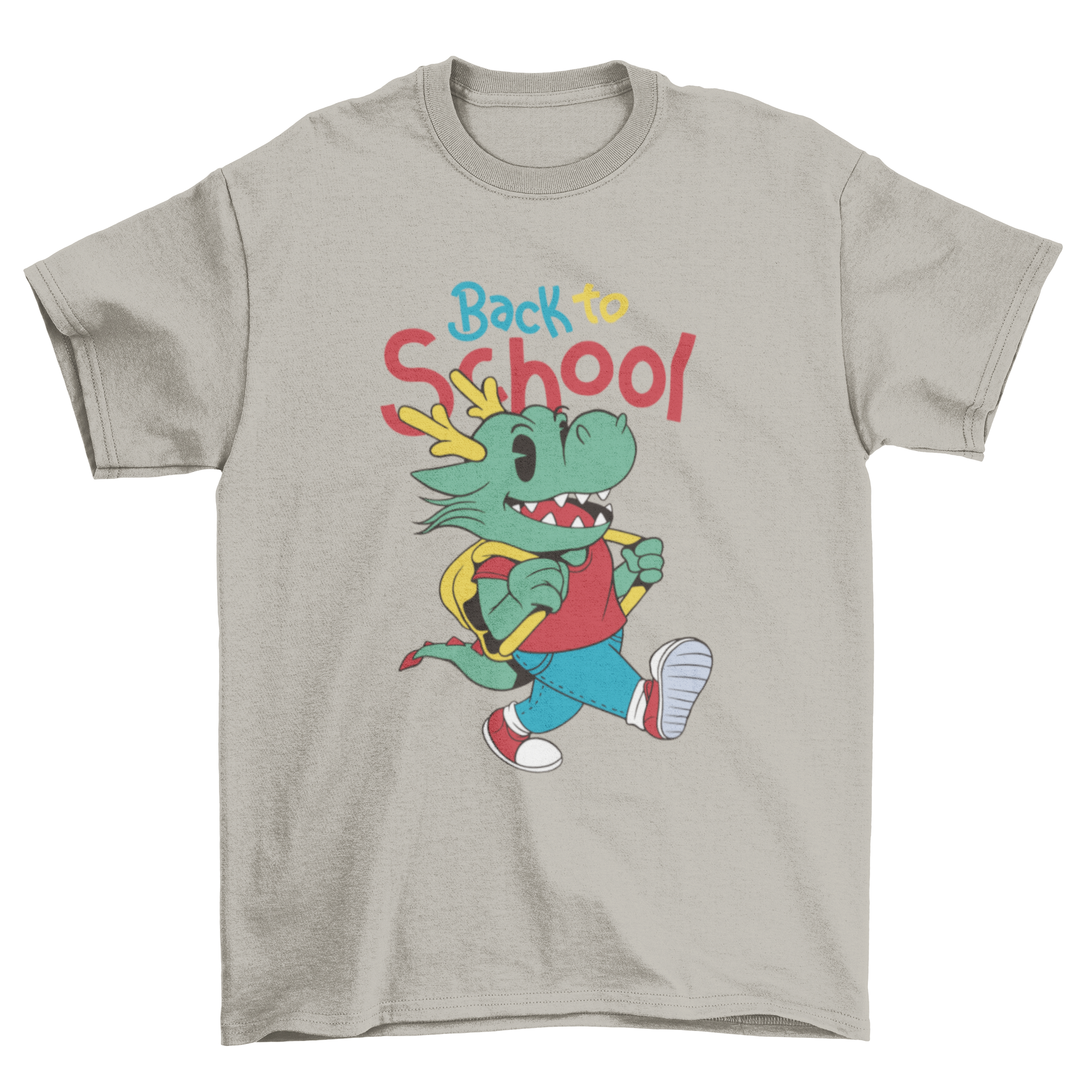 A cute cartoon dragon child t-shirt with the quote 'Back to school', featuring vibrant colors and a playful design.