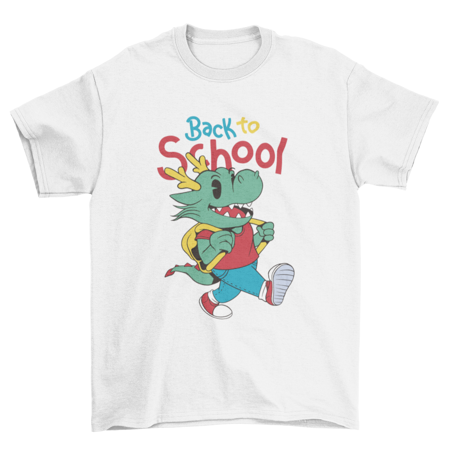 A cute cartoon dragon child t-shirt with the quote 'Back to school', featuring vibrant colors and a playful design.